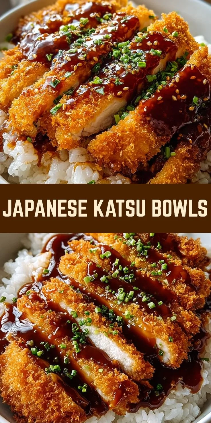 Delicious Japanese Katsu Bowls served with rice and vegetables for dinner.