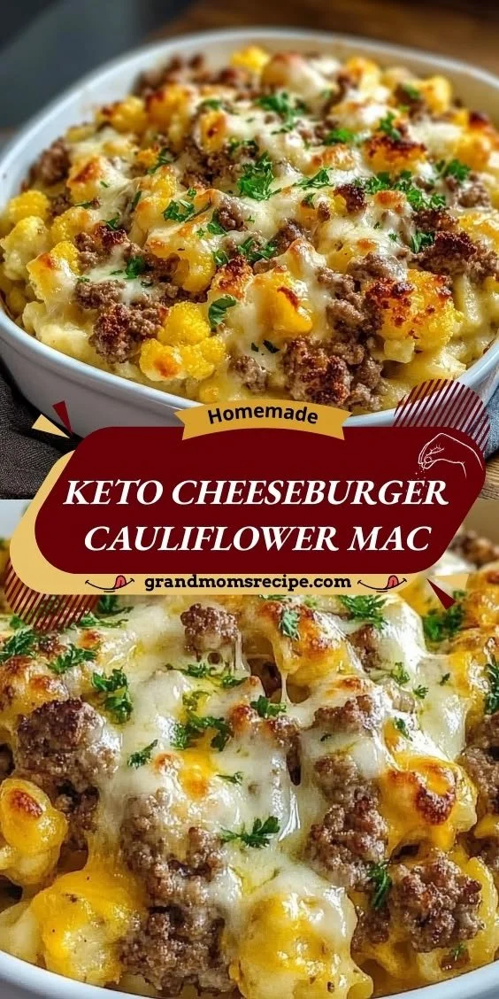 Keto Cheeseburger Cauliflower Mac served in a bowl garnished with herbs