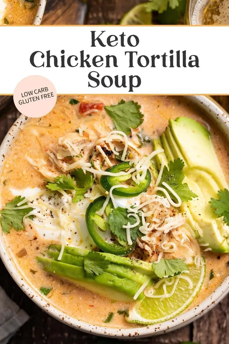 Bowl of Keto Chicken Tortilla Soup garnished with avocado and cilantro