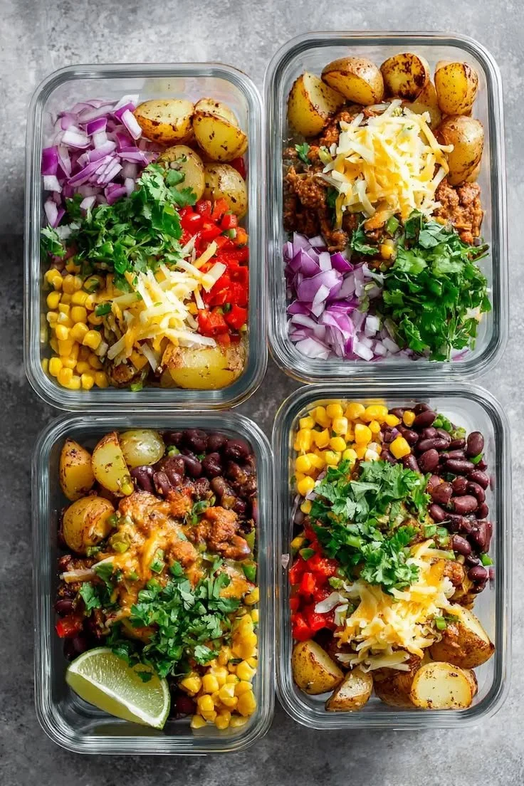 Loaded Potato Taco Bowl meal prep for a high-protein, budget-friendly lunch