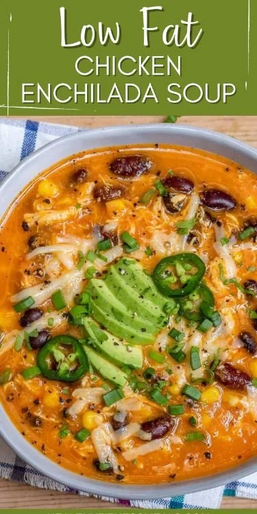 Low Fat Chicken Enchilada Soup with fresh ingredients in a bowl