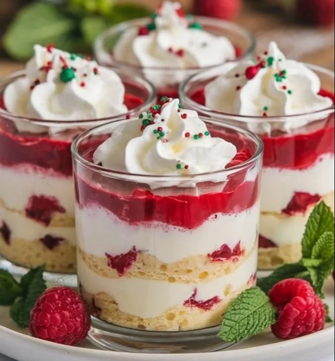 Mini Christmas trifles served in festive cups with whipped cream and berries