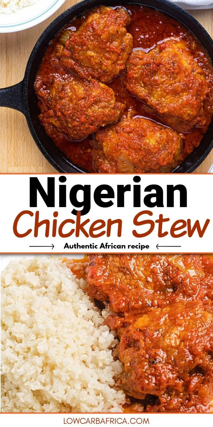 Bowl of Nigerian chicken stew with vegetables and spices