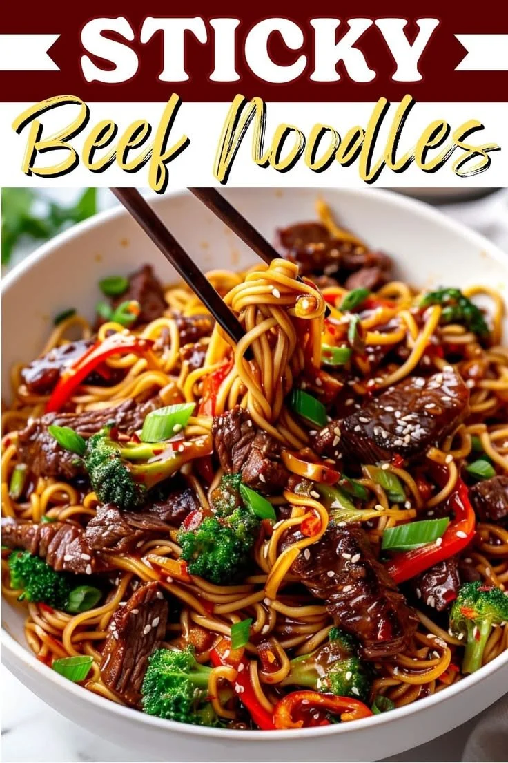 One-Pan Sticky Beef Noodles prepared in a skillet with rich sauce and vegetables