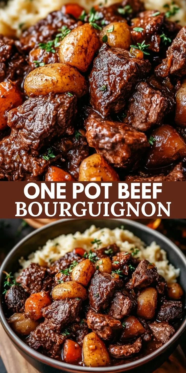 One Pot Beef Bourguignon cooking in a pot with vegetables and herbs