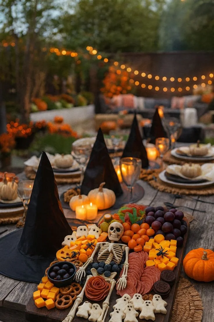 Outdoor Halloween dinner party setup with themed decorations and dining arrangements.