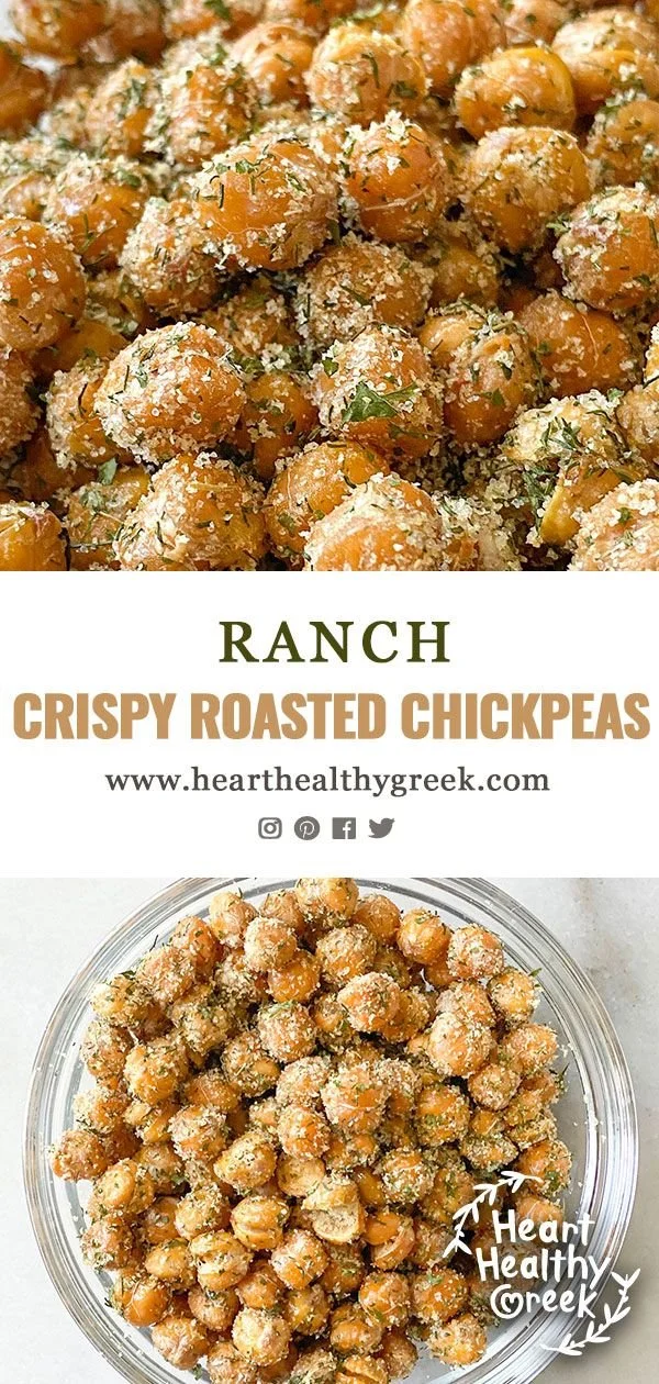 Bowl of crunchy ranch crispy roasted chickpeas, a healthy snack option.