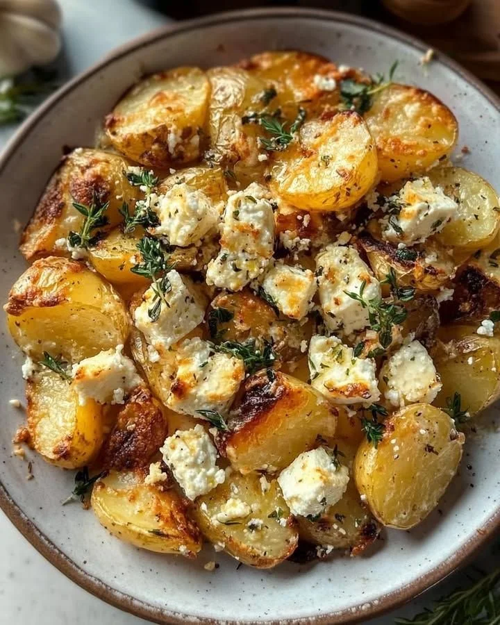 Delicious roasted potatoes with baked feta and garlic, ready to serve.