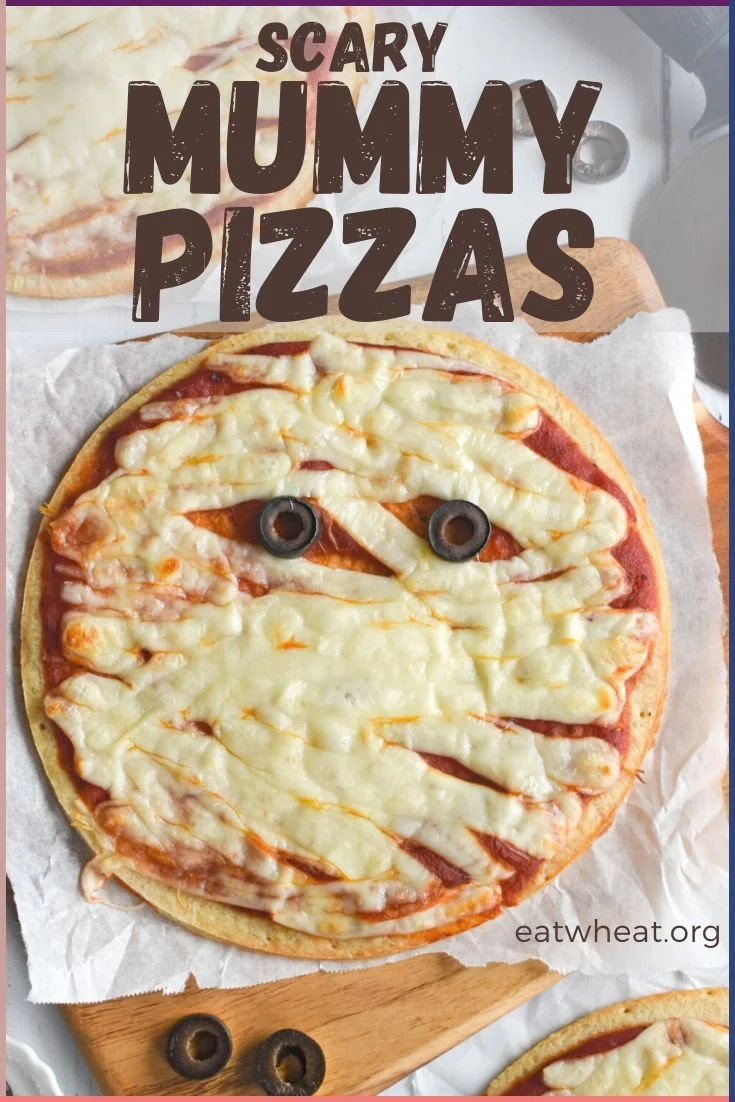 Scary mummy pizzas lined with cheese and olives for Halloween celebration.