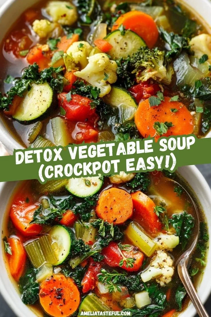 Bowl of slow cooker vegetable detox soup with fresh ingredients