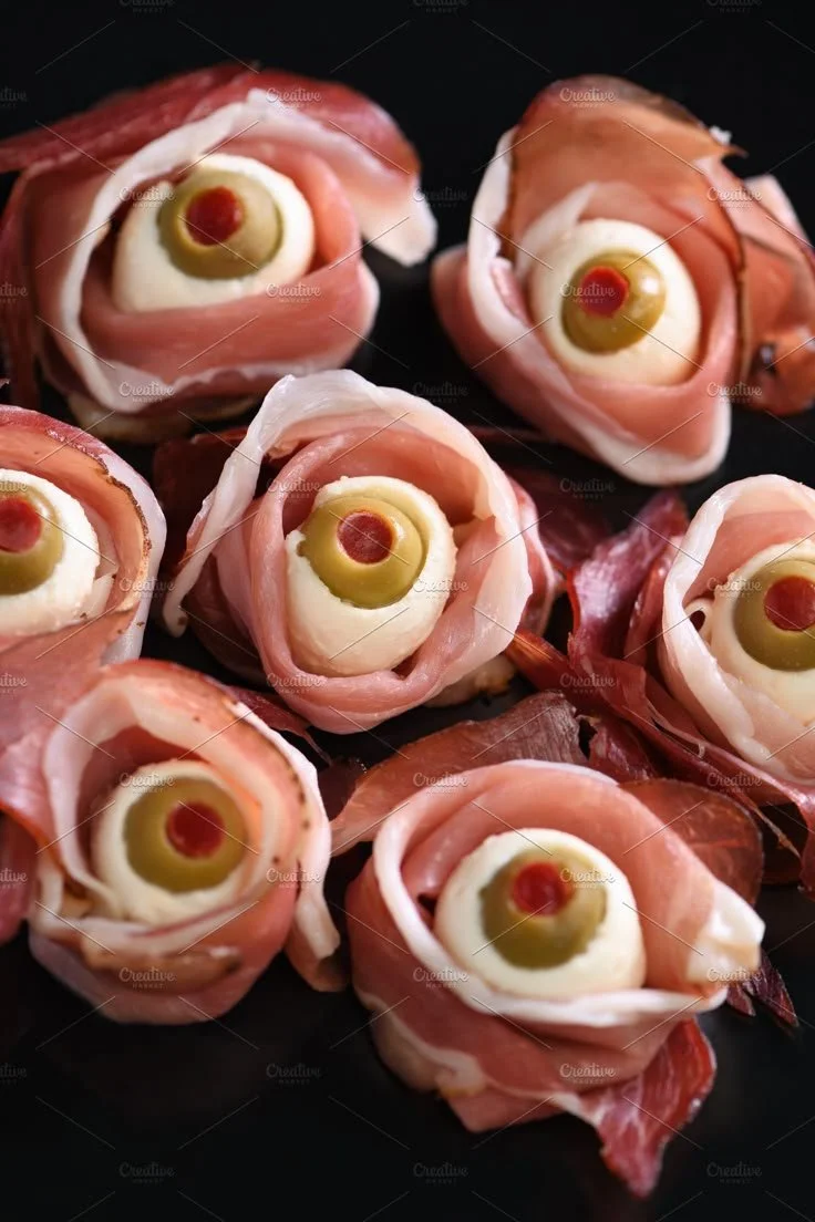 Halloween snack eyeballs made from jerked beef and cured ingredients.