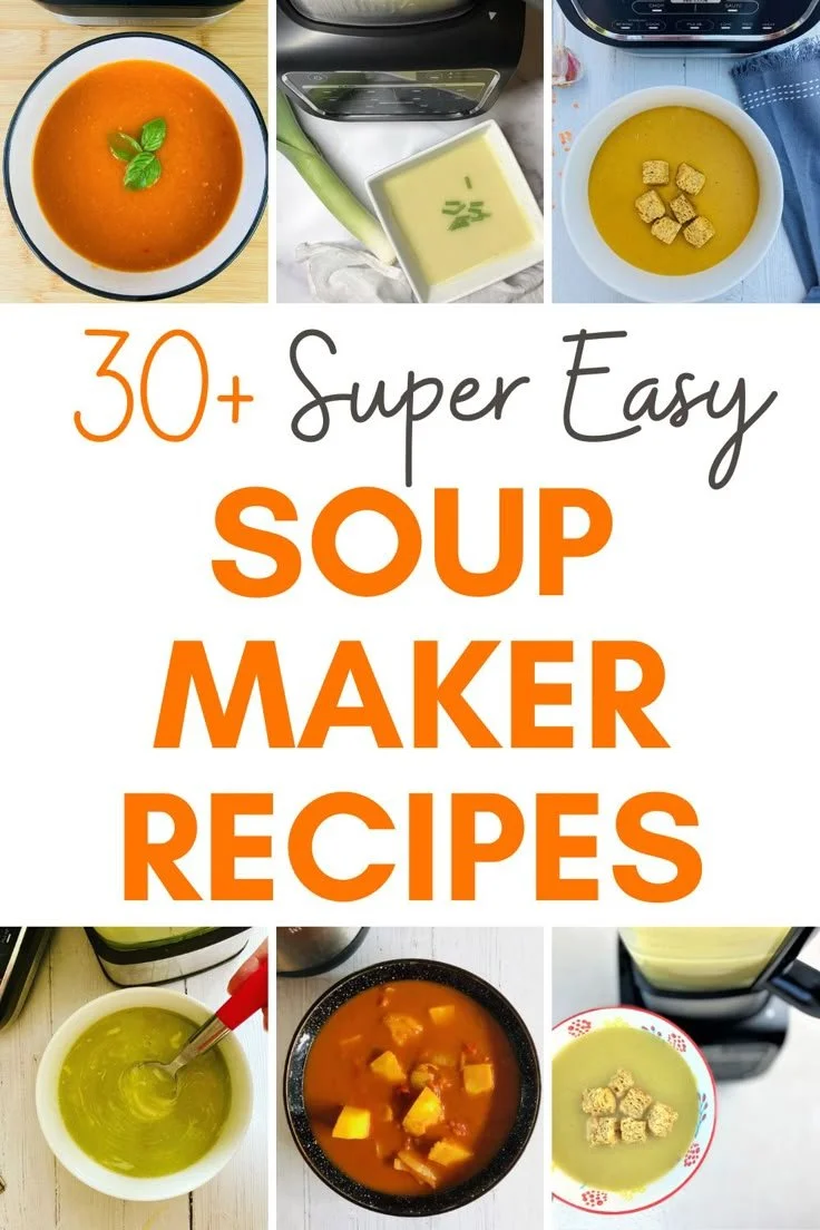 A variety of soups prepared using a soup maker, showcasing healthy recipe options.