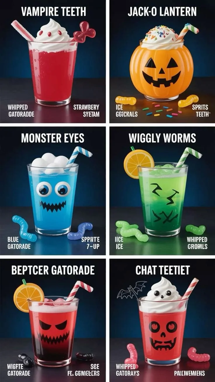 Spooky Halloween drinks including Vampire Teeth and Jack-O-Lantern cocktails