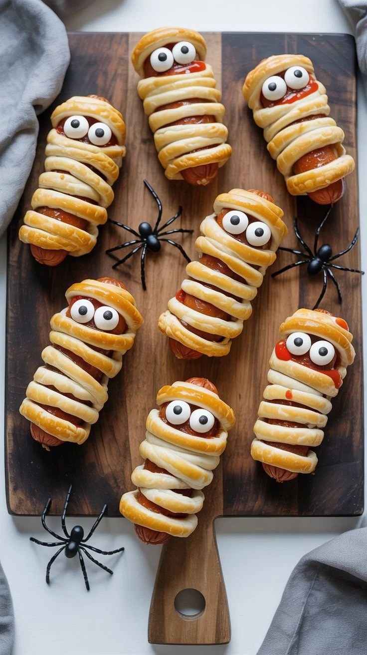 Variety of spooky snacks for kids at a Halloween party, featuring fun decorations.
