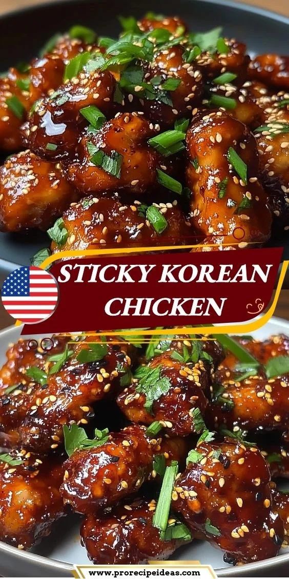 Plate of sticky Korean chicken garnished with sesame seeds and green onions.