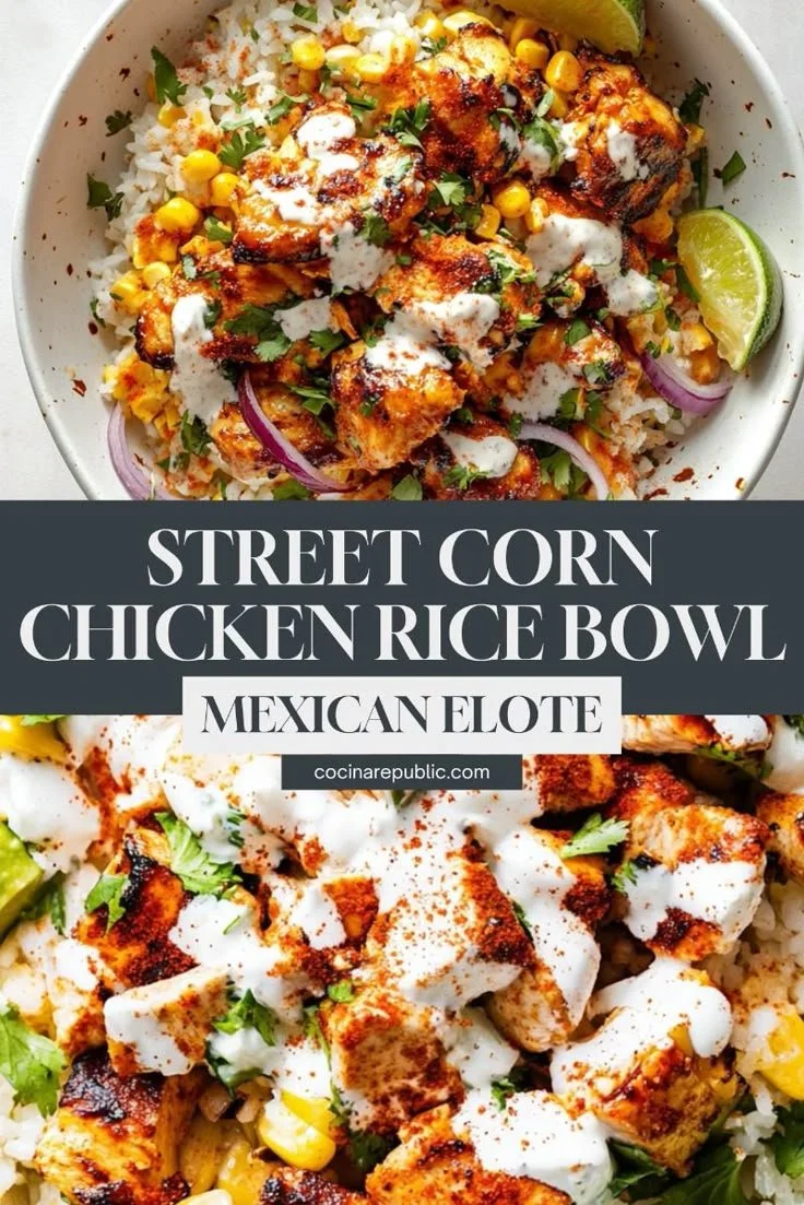 Delicious Street Corn Chicken Rice Bowl topped with fresh ingredients