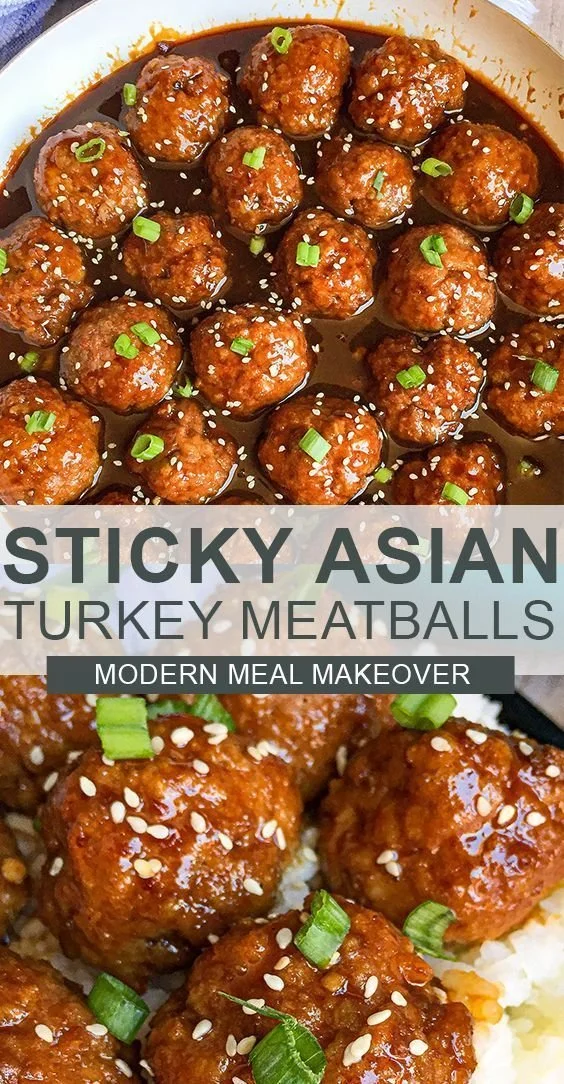 Sweet and spicy Asian turkey meatballs served on a plate with garnishes.