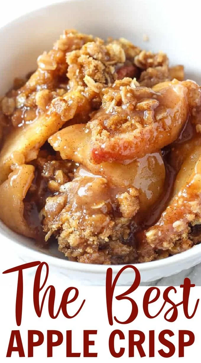Delicious homemade apple crisp with a golden crunchy topping and cinnamon flavor.