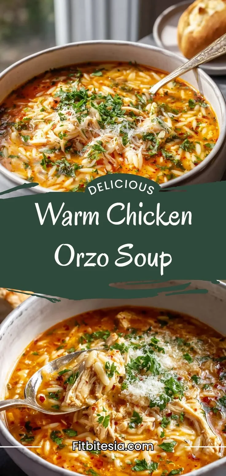 A bowl of warm chicken orzo soup garnished with herbs and lemon slices.