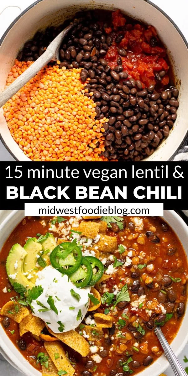 Bowl of Vegan Black Bean & Lentil Chili with toppings