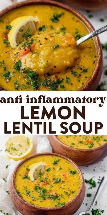 Bowl of Vegan Lemon Lentil Soup with Turmeric garnished with herbs