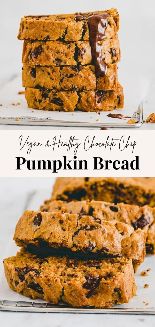 Vegan pumpkin chocolate chip bread sliced on a wooden table