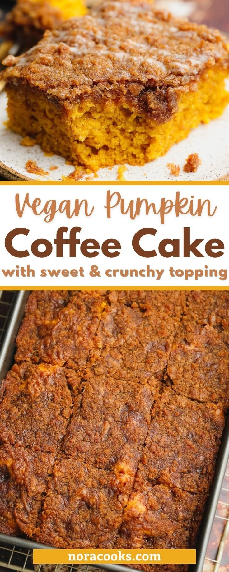 Vegan Pumpkin Coffee Cake topped with crunchy pecans and spices, perfect for fall.