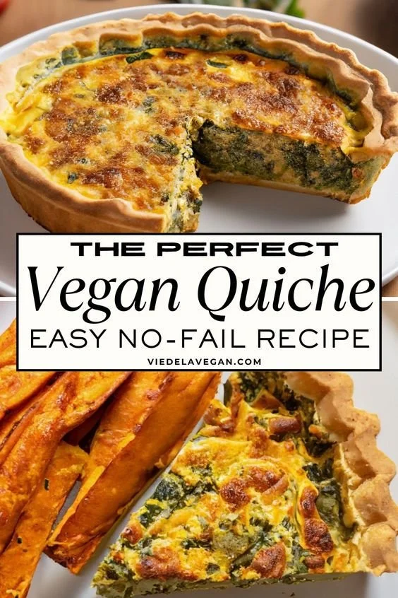 Delicious vegan quiche served in a pie dish with fresh vegetables