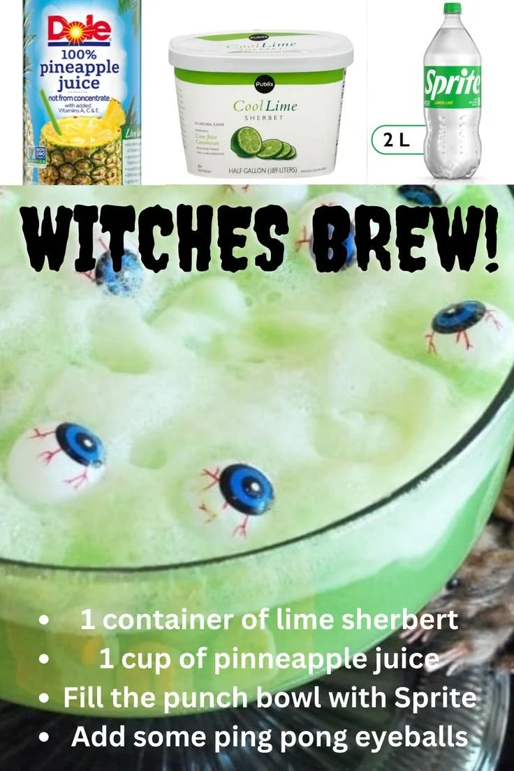 Witches' Brew Halloween Punch in a spooky serving bowl with decorative elements.