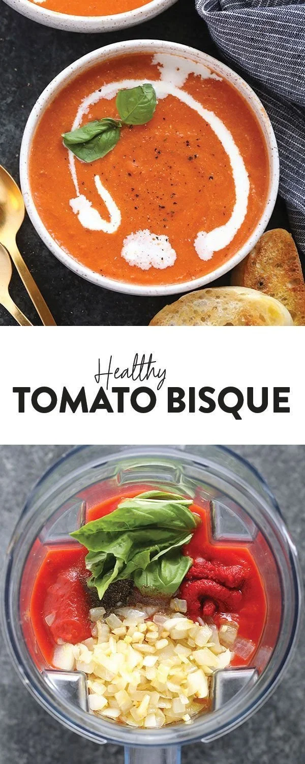 Quick and delicious tomato soup served in a bowl with fresh basil
