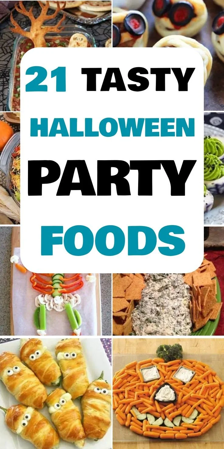 A variety of spooky Halloween party foods including ghost cupcakes and pumpkin snacks.