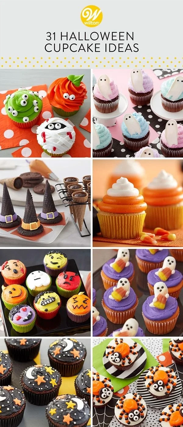 A festive display of Halloween cupcakes decorated with spooky themes and colors.