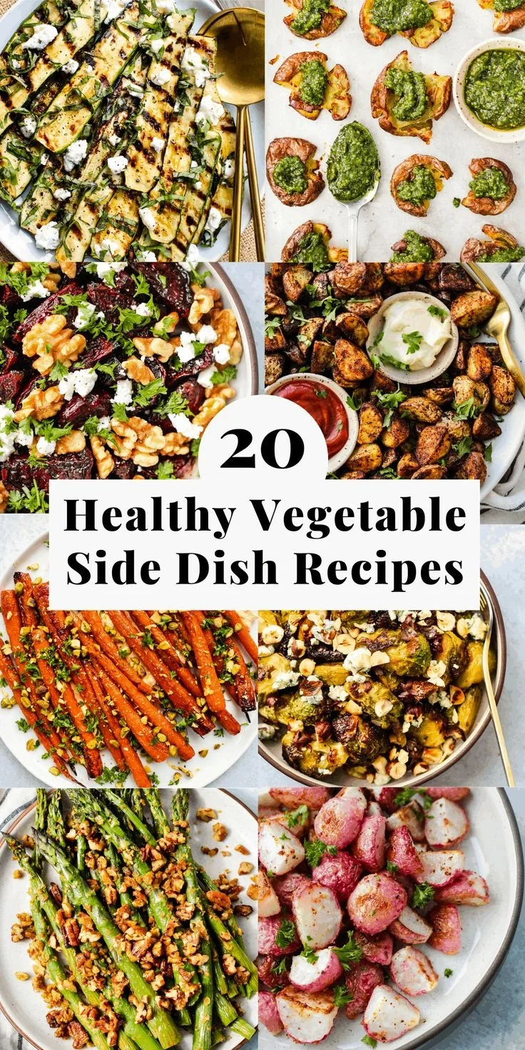 A variety of healthy vegetable side dishes arranged on a table.