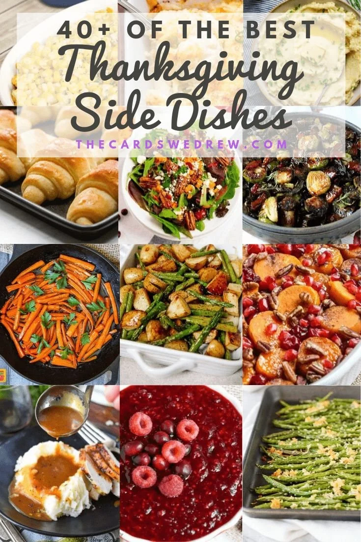A variety of Thanksgiving side dishes including stuffing, green beans, and cranberry sauce.