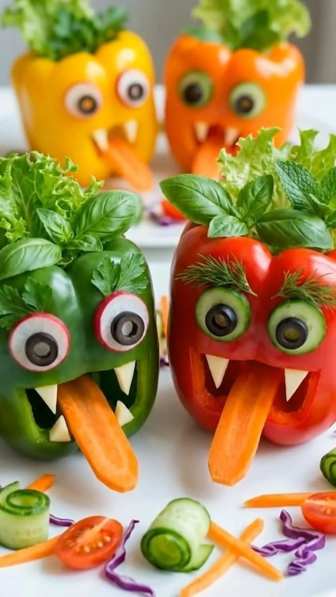 Spooky-cute veggie monsters made from fresh vegetables for kids' creative cooking.