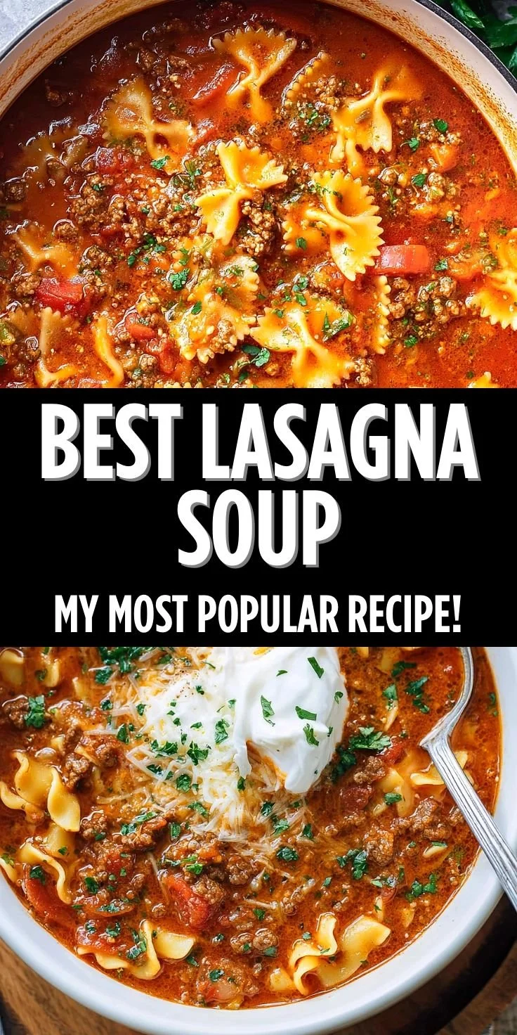 Bowl of delicious homemade lasagna soup topped with cheese and herbs