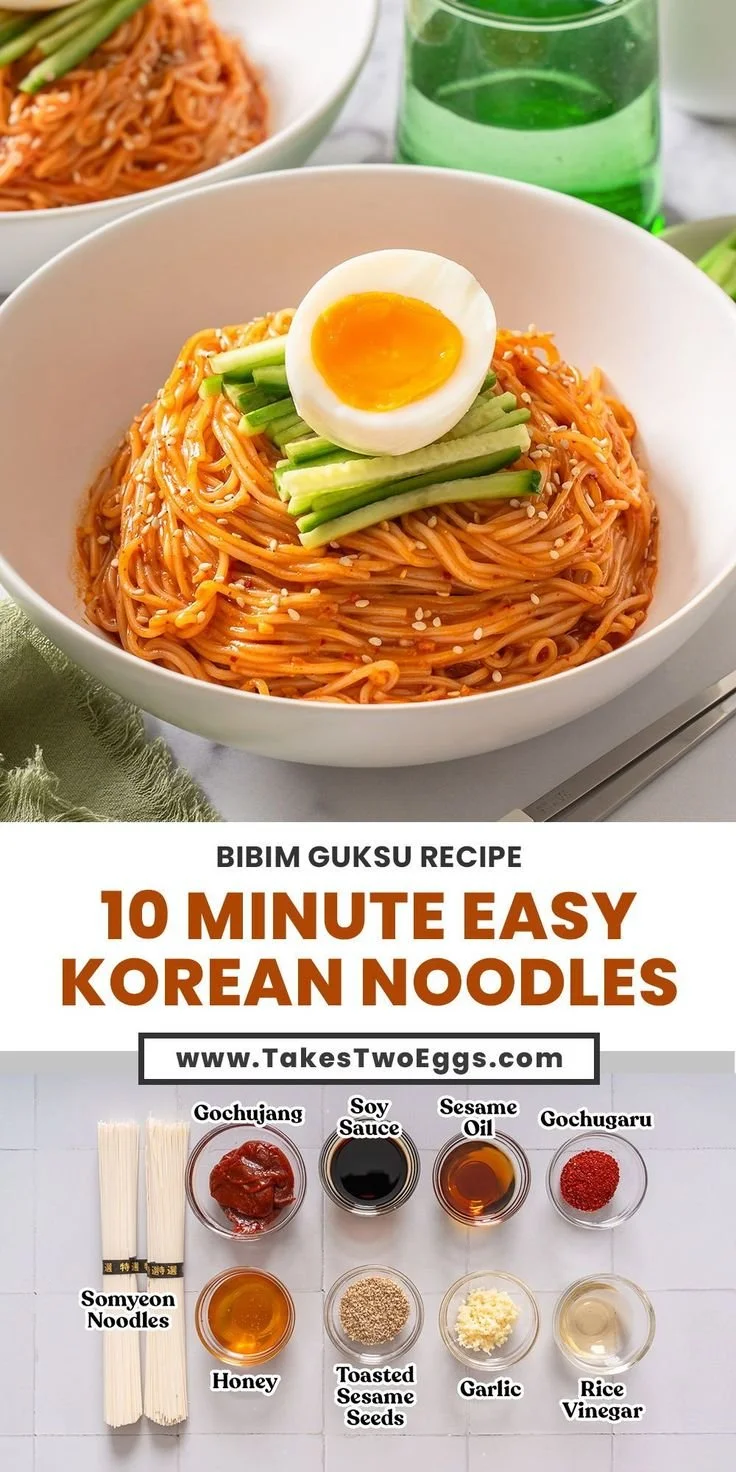 Bowl of Bibim Guksu, Korean spicy cold noodles topped with vegetables and sauce