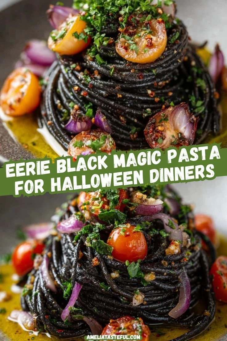 Black Magic Halloween Pasta made with squid ink for a spooky dinner