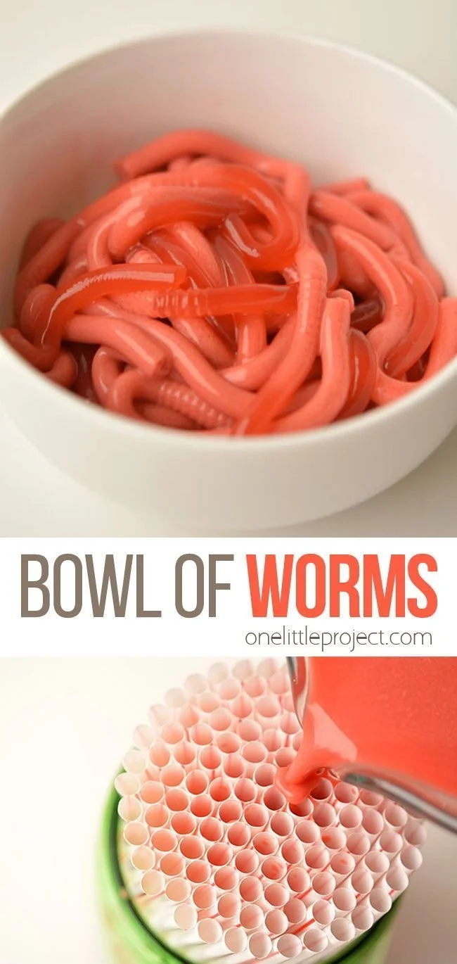 Colorful bowl of jello worms for Halloween dessert decoration