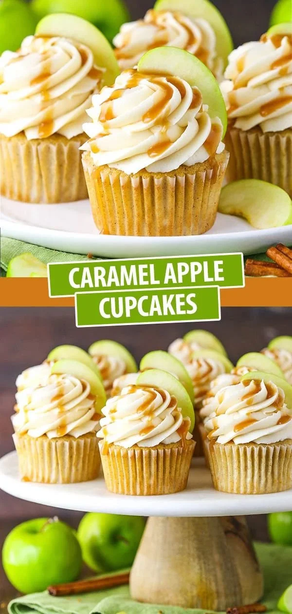 Delicious caramel apple cupcakes topped with rich homemade caramel sauce.