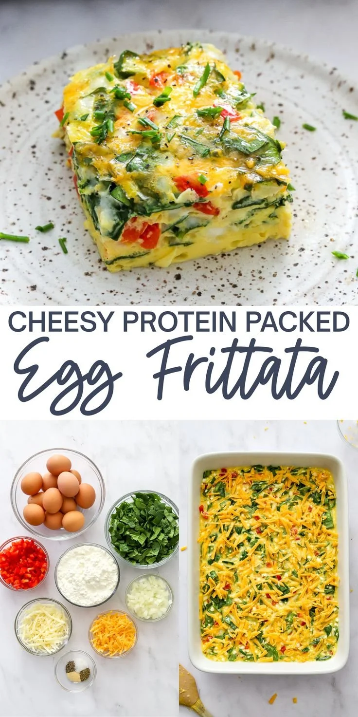 Cheesy protein-packed egg frittata served on a plate with fresh herbs