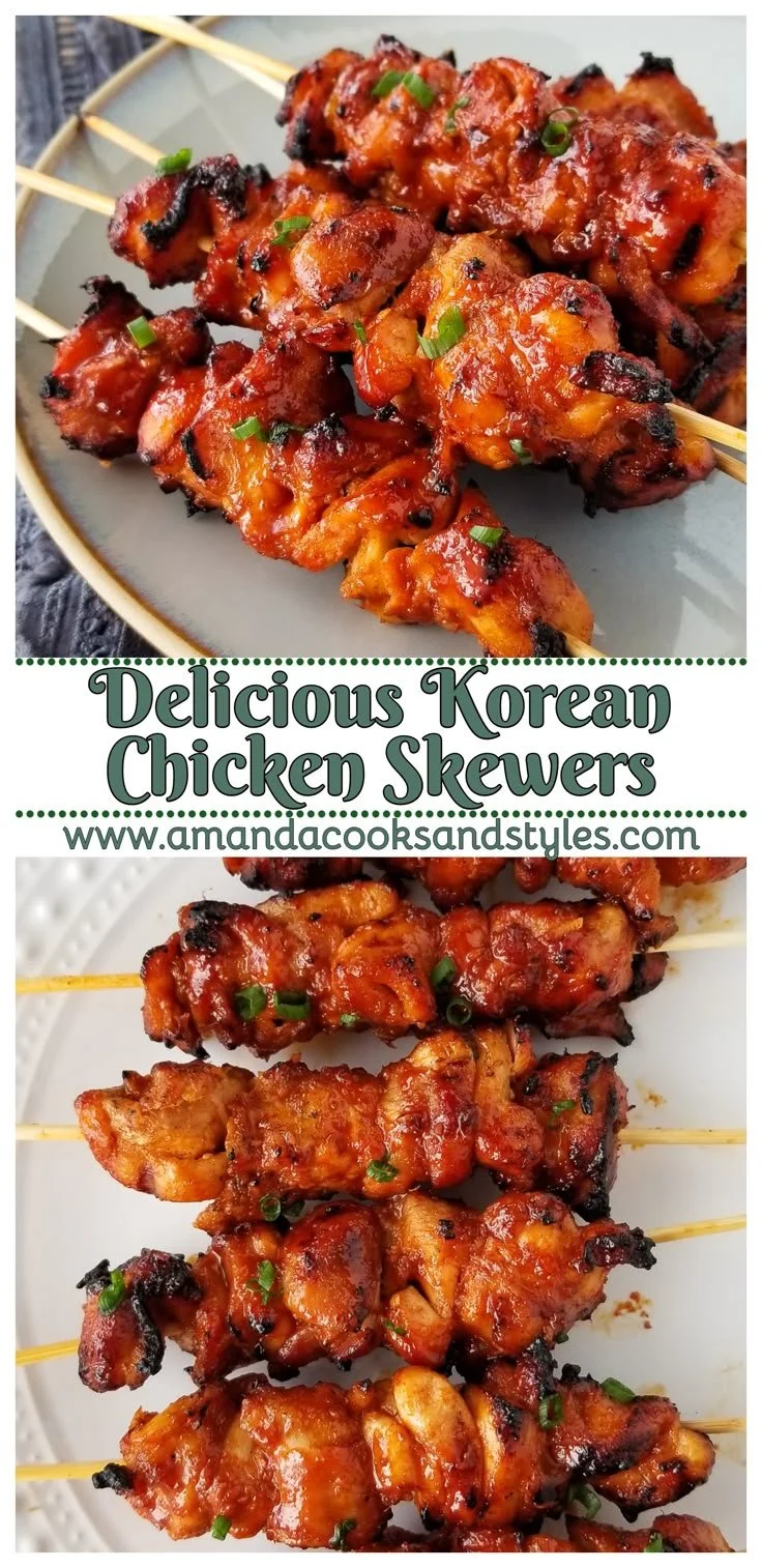 Grilled chicken skewers drizzled with Korean BBQ sauce on a platter.