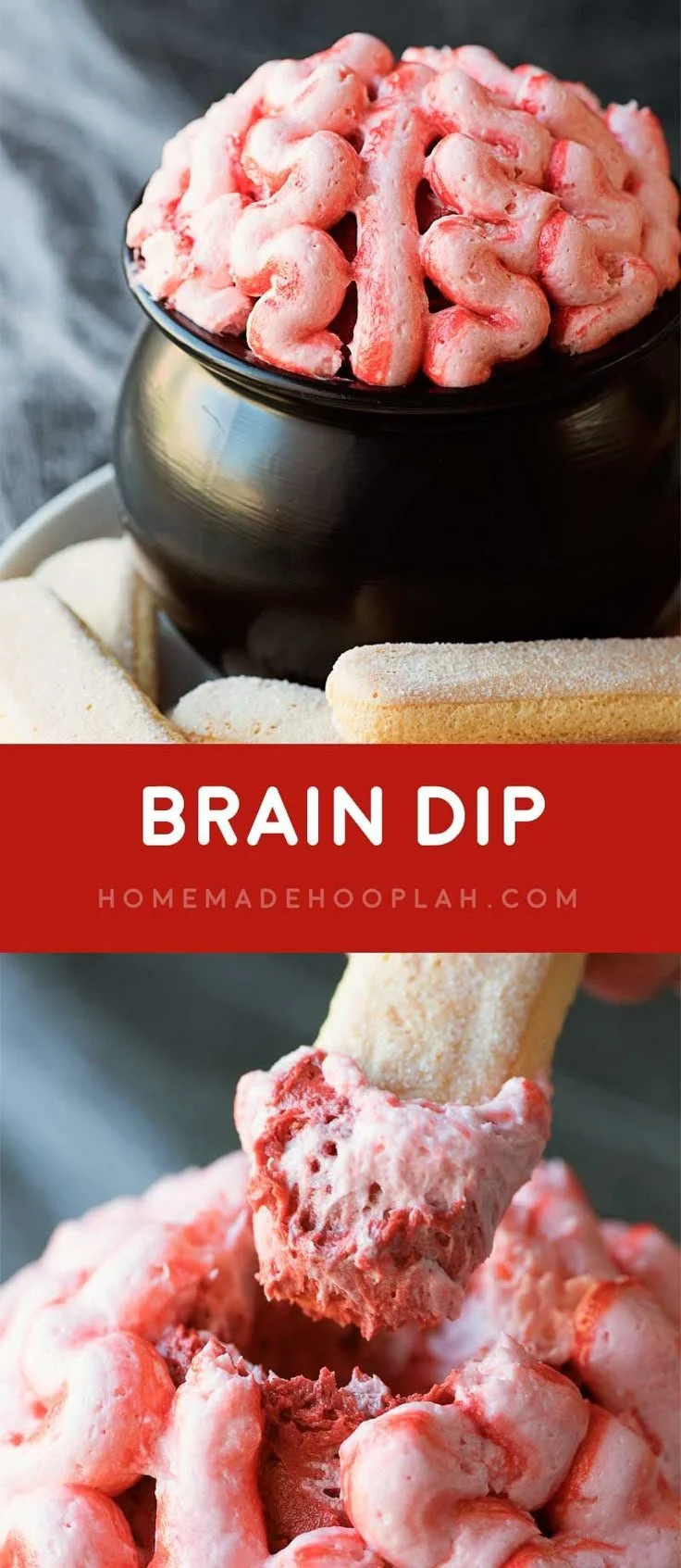 Creepy Brain Dip served in a brain-shaped bowl for Halloween party