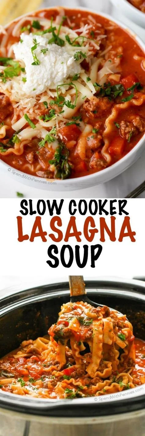 Delicious slow cooker lasagna soup in a bowl, perfect for cozy meals.