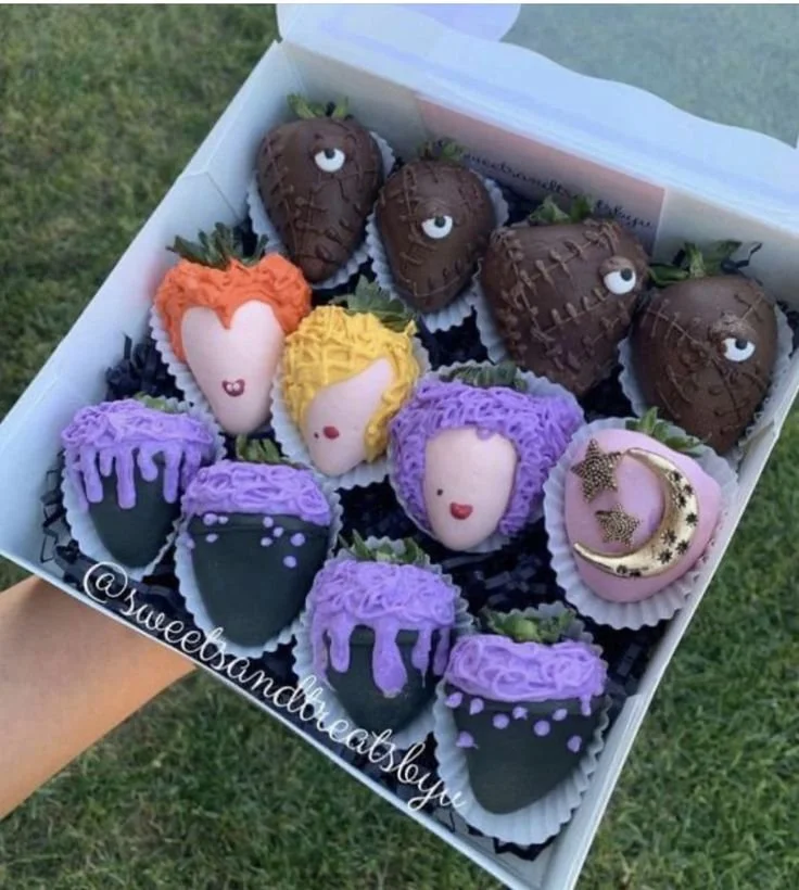 Chocolate covered fruit including strawberries inspired by Hocus Pocus and Coraline.