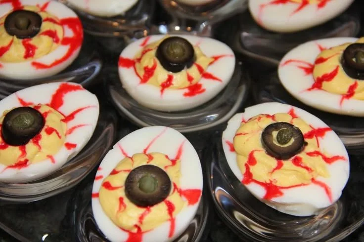 Spooky deviled egg eyeballs for Halloween party snacks