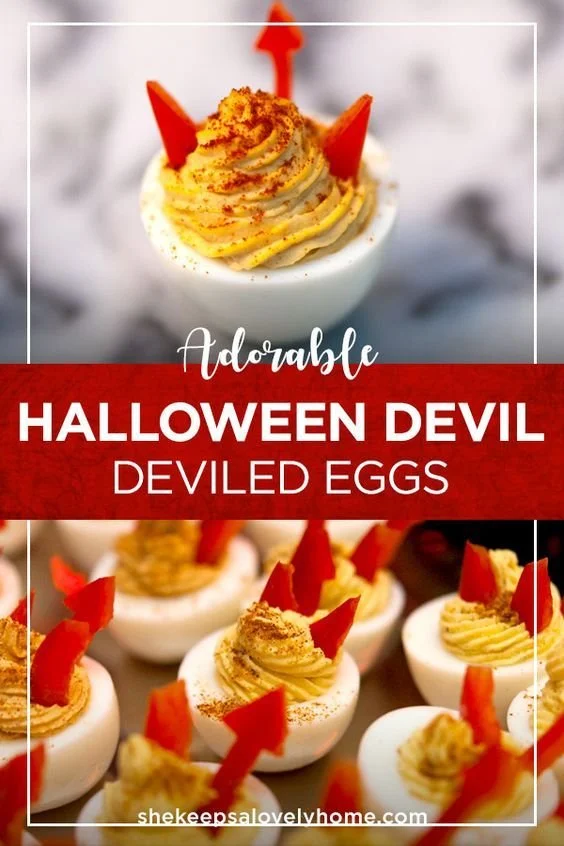 Halloween deviled eggs with tails and smoked paprika for festive snacks