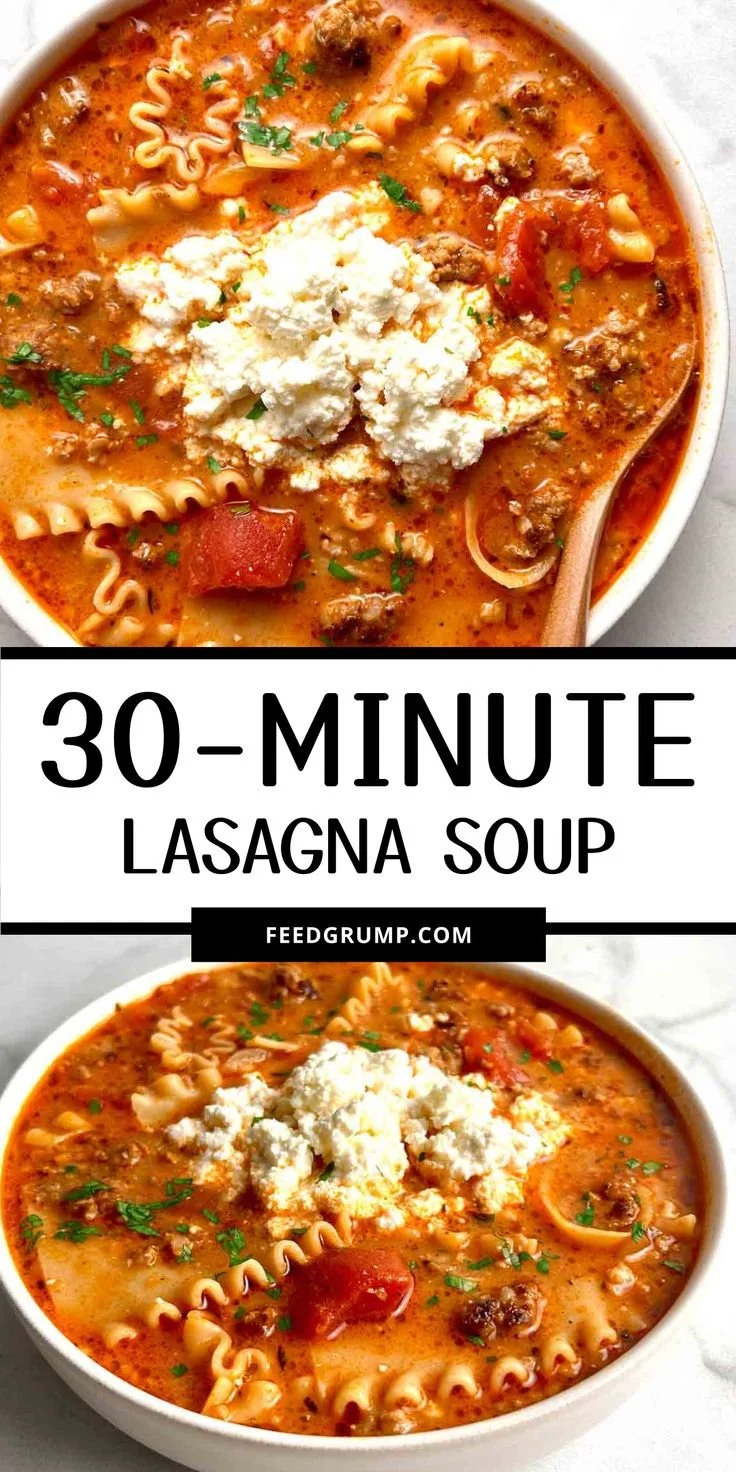 Bowl of easy 30-minute lasagna soup garnished with cheese and herbs
