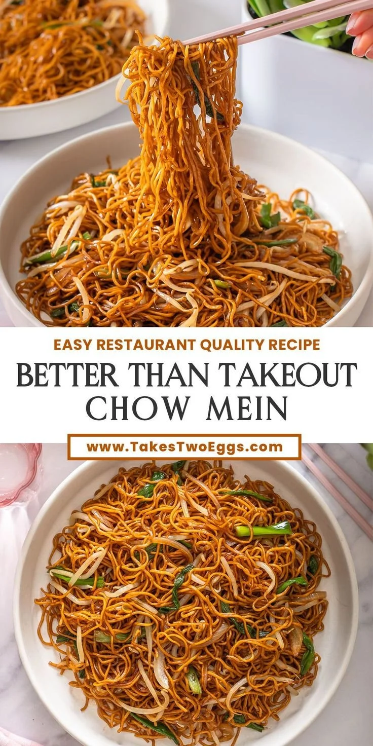 Delicious homemade Chow Mein noodles topped with fresh vegetables and sauce.