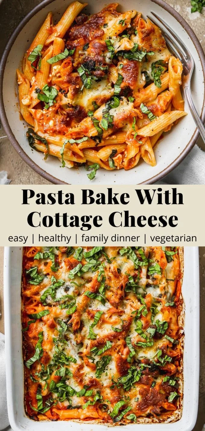 Healthy Cottage Cheese Pasta Bake casserole with vibrant vegetables and cheese